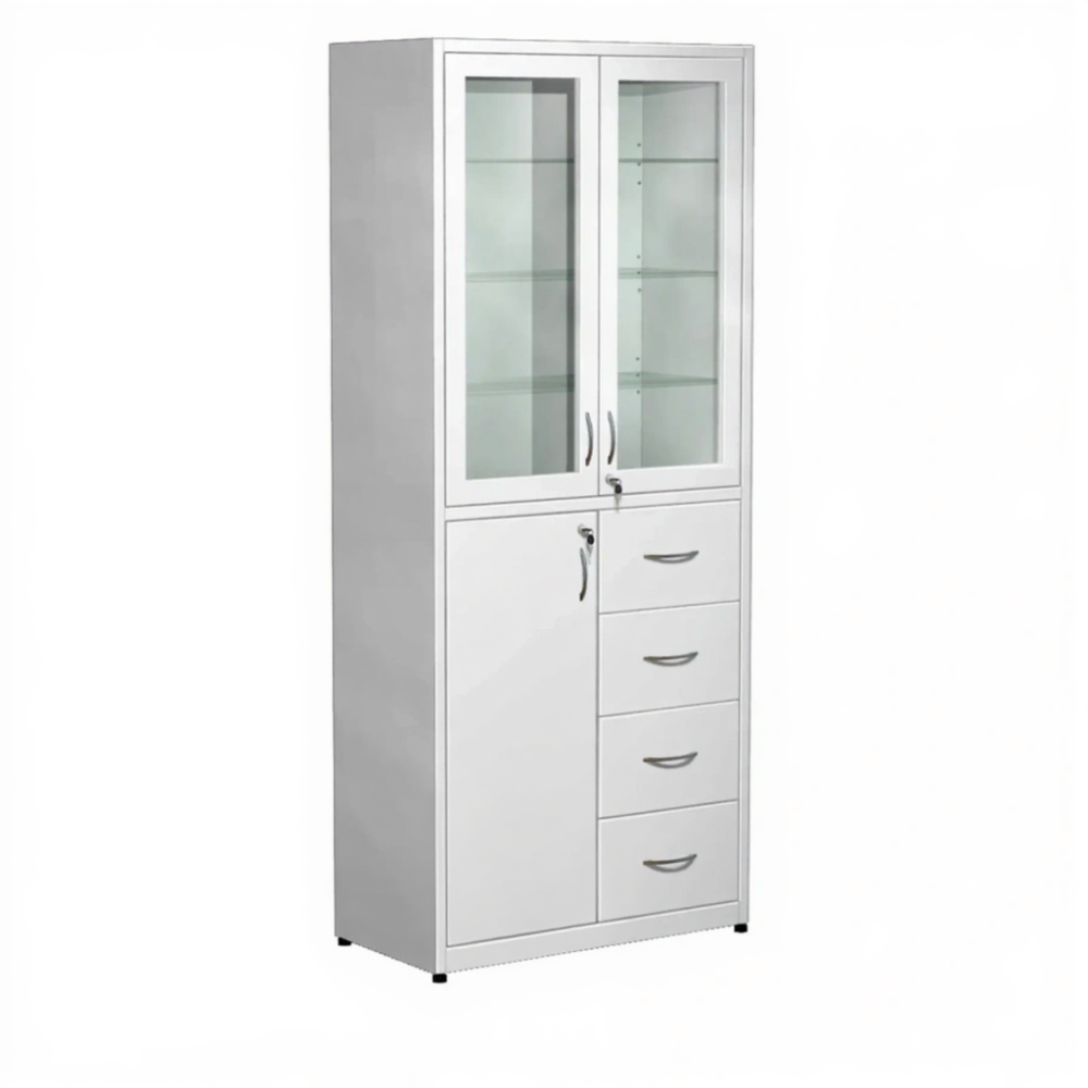 Шкаф для медикаментов стекло в металлической рамке, с ящиками ШМ-4.1 (белый)