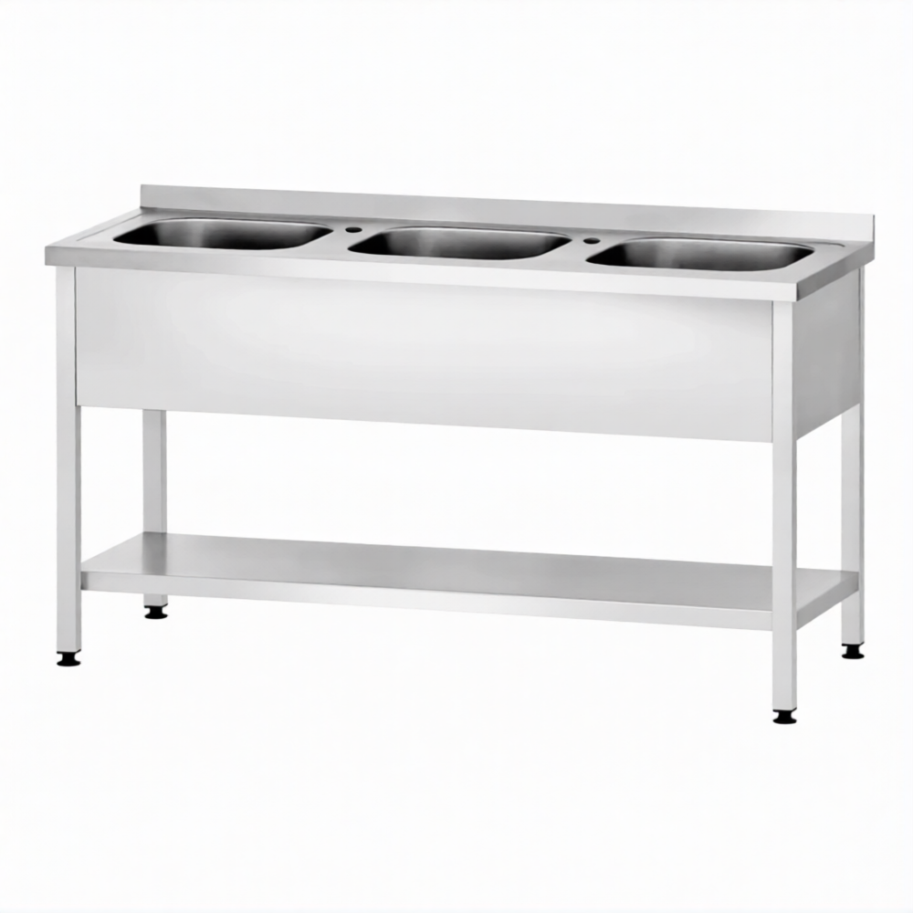 Ванна моечная ВМЦп 860х1800х600  3 м/о 250х500х400, борт, отв. д/смесит.