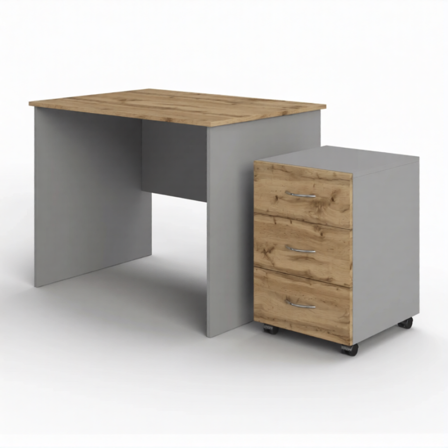 Стол рабочий СрТ-17 (1200х600х750) с приставной тумбой (корпус ЛДСП серый, столеш. ЛДСП дуб вотан)